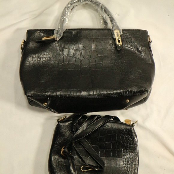 Black Vegan Croc Print Handbag + Crossbody Purse Set New - Picture 5 of 8